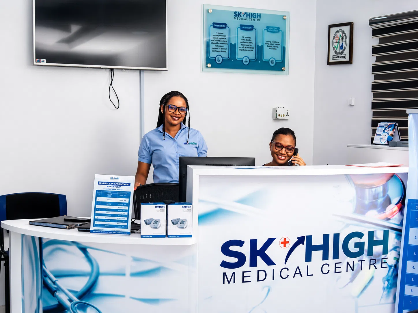The reception desk at SkyHigh Medical Centre, Magodo
