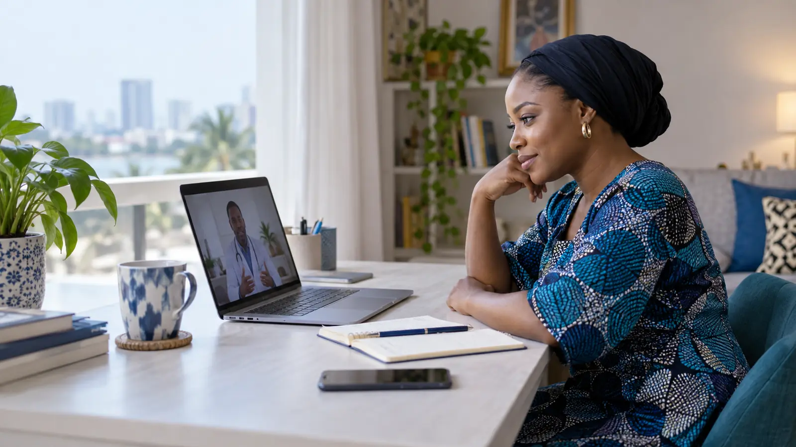 A patient speaking with a clinician during an online consultation